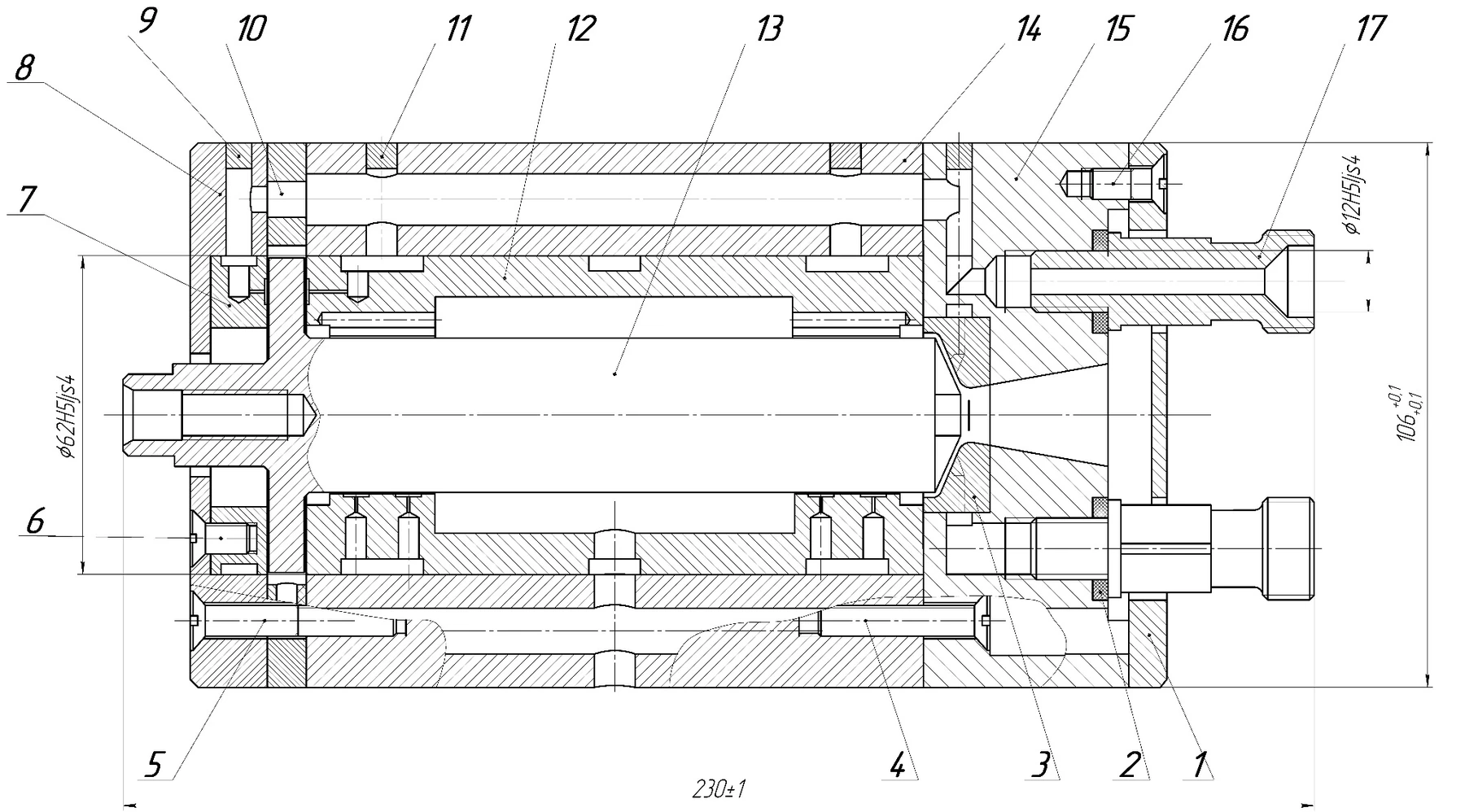 Assembly drawing of a high-speed pneumatic spindle with radial aerostatic bearings, a double-acting thrust bearing, gas-turbine drive and grinding tool
